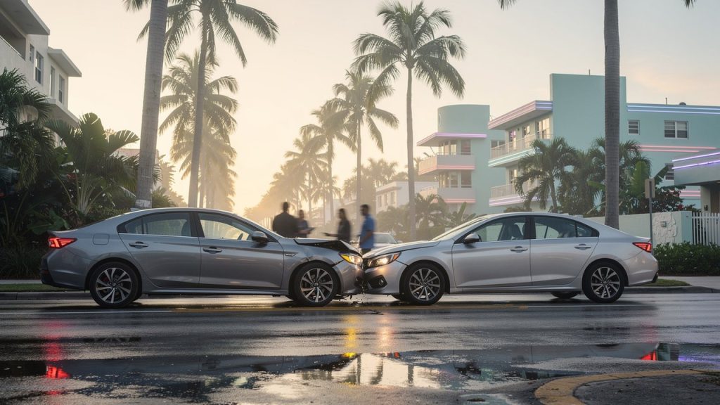 Two cars after a front-end collision on a Miami street