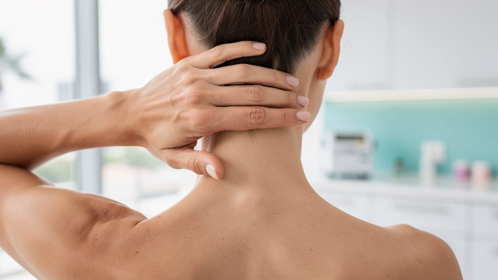 Woman holding the back of her neck, a common sign of whiplash